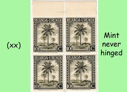 1942 ** RUANDA-URUNDI = RU 127 MNH PALM OIL SET OLIVE TREE ( BLOCK X 4 STAMPS WITH ORIGINAL GUM+PAGE BORDER ) - Nuevos