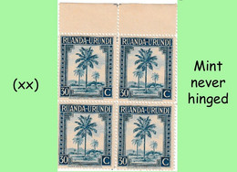 1942 ** RUANDA-URUNDI = RU 131 MNH PALM OIL SET BLUE TREE ( BLOCK X 4 STAMPS WITH ORIGINAL GUM + PAGE BORDER ) - Neufs