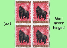 1959 ** RUANDA-URUNDI = RU 205 MNH PROTECTED ANIMALS RED GORILLA ( BLOCK X 4 STAMPS WITH ORIGINAL GUM ) - Unused Stamps