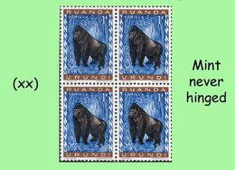 1959 ** RUANDA-URUNDI = RU 209 MNH PROTECTED ANIMALS BLUE GORILLA ( BLOCK X 4 STAMPS WITH ORIGINAL GUM ) - Unused Stamps