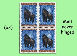 1959 ** RUANDA-URUNDI = RU 209 MNH PROTECTED ANIMALS BLUE GORILLA ( BLOCK X 4 STAMPS WITH ORIGINAL GUM ) - Ungebraucht