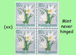 1953 ** RUANDA-URUNDI = RU 279 MNH TROPICAL FLOWERS VEOLIA ( BLOCK X 4 STAMPS WITH ORIGINAL GUM ) - Ongebruikt