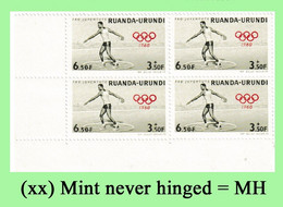 1960 ** RUANDA-URUNDI = RU 223 MNH ROME OLYMPICS DISCOBOLE ( ANGLE BLOCK X 4 STAMPS WITH ORIGINAL GUM ) - Ongebruikt