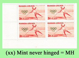 1960 ** RUANDA-URUNDI = RU 222 MNH ROME OLYMPICS JAVELIN ( ANGLE BLOCK X 4 STAMPS WITH ORIGINAL GUM ) - Nuovi