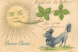 Chien Et Soleil * CPA Illustrateur Gaufrée Embossed * Bonne Année * Dog Trèfle Porte Bonheur - Dogs