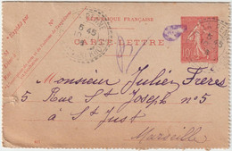 5726 Carte Lettre Entier Postal Semeuse La Penne-sur-Huveaune 1906 Pour Saint Just Marseille Julien - Brieven En Documenten