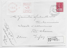 FRANCE BEQUET 80C + ETIQUETTE EMA 4.70 LETTRE REC COURNON AUVERGNE 1.3.1975 PUY DE DOME - 1971-1976 Marianne (Béquet)