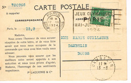 MARQUE POSTALE -  JEUX OLYMPIQUES 1924 - GARE SAINT LAZARE - 12-03-1924 - Affranchissement 10 C Type Semeuse - - Verano 1924: Paris