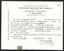 Angola. Document Of The Military Command Of Angola, 1956. Barracks In The Village Of Luso. Muxico Benguela. Military Fee - Covers & Documents