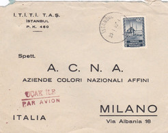 TURCHIA - TùKIYE -  ISTANBUL - STORIA POSTALE - BUSTA PAR AVION  I.T.I. T.I. - T.A.S  VIAGGIATA PER MILANO - ITALIA 1953 - Cartas & Documentos