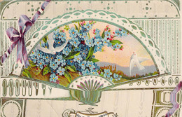 CPA FLEURS - Illustration Eventail - Fleurs Bleues à L'intérieur - Colombe - Fleurs