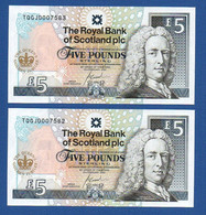 SCOTLAND - P.362 – 2 X 5 POUNDS 2002 UNC, Serie TQGJ0007582 + ...7583 "Queen's Golden Jubilee" Comm. Issue - Low Number - 5 Pond