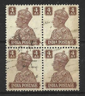 INDIA...KING GEORGE VI..(1936-52..)...." 1940..".....4As X BLOCK OF 4.........SG273......3 SMALL PIN HOLES.....USED.. - Blokken & Velletjes