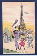 CPA Paris Illustrateur Mode Chapeau Femme Woman Non Circulé Litho Estampe Voir Dos Tour Eiffel - Lots, Séries, Collections