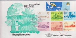 BRUNEI - 1984 - INDEPENDENCE / UK FRIENDSHIP SET OF 7 ON ILLUSTRATED FDC ,STAMPS CAT £15 - Brunei (1984-...)