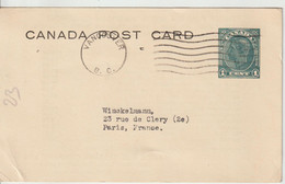 Canada Entier Avec Repiquage Pour La France Oblit Vancouver Sans Dateur - 1903-1954 Reyes