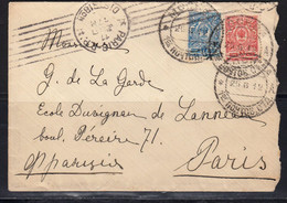 Sur Enveloppe De Moscou Pour Paris 2 Timbres Armoiries 3 K Rouge, 7 K Bleu, CAD Mockba 1912. CAD Paris Distribution - Macchine Per Obliterare (EMA)