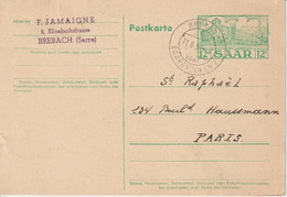 Sarre 1954 Entier Oblit Brebach Pour La France - Entiers Postaux