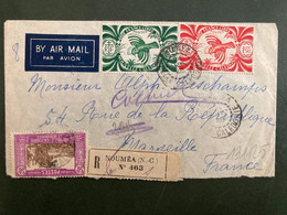 LR Par Avion Pour La FRANCE TP FRANCE LIBRE 20F + 1F50 + TP 50c OBL.24 JANV (à L'envers) 46 NOUMEA - Cartas & Documentos