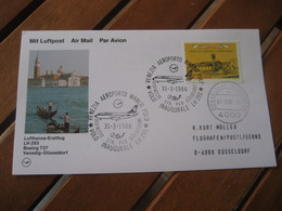 VENICE Venezia Marco Polo - DUSSELDORF 1986 Lufthansa Airlines Boeing 737 First Flight Cancel Card GERMANY ITALY - 1981-90: Storia Postale