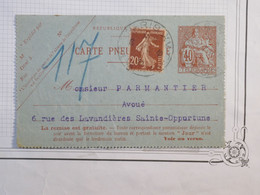 BH1 FRANCE BELLE CARTE PNEUMATIQUE  40C+SEMEUSE 20C   1920 PARIS + +AFFRANCH. INTERESSANT - Pneumatiques