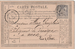 Yvert 77 Sage Carte Précurseur MAGNY En VEXIN Seine Et Oise 14/9/1877 Pour Mer Loir Et Cher - Cartoline Precursori