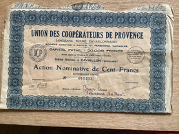 Dpt 84 Union Des Coopérateurs De Provence Ancienne Ruche Cavaillonnaise Action Nominative Cent Francs - Landwirtschaft