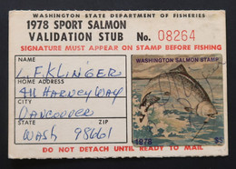 Permis De Pêche Au Saumon Avec Timbre Fiscal Etats Unis 1978 Sport Salmon Validation Stub Washington Revenue Stamp - Fiscale Zegels