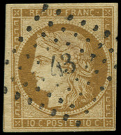 O FRANCE - Poste - 1, Grande Marge à Gauche, Oblitération PC "43", Signé Roumet: 10c. Bistre-jaune - 1849-1850 Ceres
