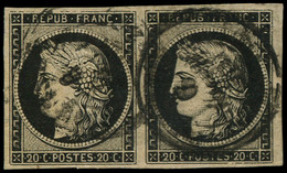 O FRANCE - Poste - 3, En Paire, Cachet à Date Type 15, 6/1/49, Signé Scheller, Belles Marges: 20c. Noir S. Jaune - 1849-1850 Ceres