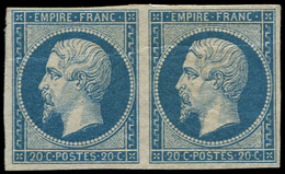 * FRANCE - Poste - 14B, Type II, En Paire, Pli Horizontal: 20c. Bleu - 1853-1860 Napoleon III