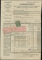 LET FRANCE - Poste - 19, Oblitération Sur Avertissement Fiscal, Cad. 15/2/69: 1c. Vert-olive - 1849-1876: Klassieke Periode