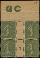 ** FRANCE - Poste - 130j, Type IV, Bloc De 4 Millésime "7" Avec Manchette GC, Très Légère Adhérence: 15c. Semeuse Vert - Unused Stamps