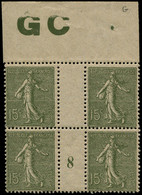 ** FRANCE - Poste - 130j, Type IV, Bloc De 4 Millésime "8" (* Sur Mill), Manchette GC: 15c. Semeuse Vert - Ongebruikt