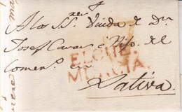 Prefilatelia Año 1810 Aprx Carta A Jativa Marcas Nº3 Rojo Elche Murcia Y Porteo 7 - ...-1850 Prefilatelia