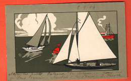 ZSE-22 Carte Avec Voiliers Et Bâteau ART MODERNE The Ellander Sporting 128. Cachet St.-Gingolph 1904 - Saint-Gingolph