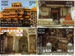 India 2009 INTACH Heritage Monument Buddha Monastery Fort Church Se-tenant 4v Stamp SET MNH - Hinduismo