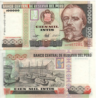 PERU  100'000 Intis   ( P145  -..dated 21.12.1989  )   Francisco Bolognesi+ Lake Titicaca At Back - Pérou