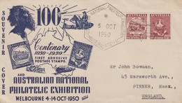 Enveloppe   Illustrée   AUSTRALIE   100éme  Anniversaire   Du  1er  Timbre   Exposition  Philatélique   MELBOURNE   1950 - Brieven En Documenten