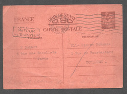 1940 ENTIER POSTAL IRIS DE  PARIS A TOULOUSE    D1347 - WW II