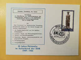 1984 INTERO CARTOLINA POSTALE POSTCARDS FDC GERMANIA DEUTSCHE DDR PHILATELISTENVERBAND OBLITERE' BERLIN 8 - Cartes Postales - Neuves