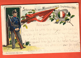 ZSF-11 TRES RARE Canton Neuchâtel Souvenir Des Manoeuvres Militaires Septembre 1901 Litho.Cachet Lignières 1901 - Lignières