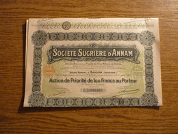 Société Sucrière D'Annam - Saïgon -  Lot De 3 Actions De 100 Francs - Voir Détails Sur Photos - Format 49,5x31,5 Cm Env. - Azië