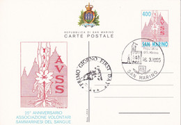 SAN MARINO - CARTOLINA POSTALE  1985 - ASSOCIAZIONE VOLONTARI DEL SANGUE - FDC - Ganzsachen