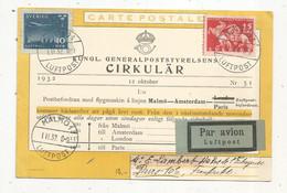 Carte Postale, Suéde, Sverige, Kungl. Generalpoststyrelsens CIRKULÄR,12 Oktober 1932, MALMO 1, LUFTPOST....... - 1930- ... Francobolli In Bobina II