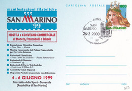 SAN MARINO - CARTOLINA POSTALE  1999 - MOSTRA E CONVEGNO COMMERCIALE - ANNULLO SPECIALE CONVEGNO FILATELICO A ROMA - Ganzsachen