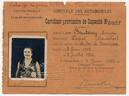 CAMBODGE (Protectorat) - Contrôle Des Automobiles - Certificat Provisoire De Capacité N°4955 - 1932 - Documents Historiques