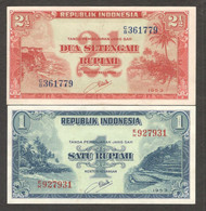 Full Set 2 Pcs Indonesia 2 1/2 2.5 And 1 Rupiah 1953 AUNC To UNC - Indonésie