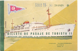 Biljet Billet Billete De Pasaje De Turista II - Compania Transmediterranea Madrid - 1962 - Europe