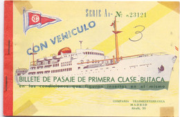 Biljet Billet Billete De Pasaje De Primera Clase Butaca - Compania Transmediterranea Madrid - 1962 - Europa